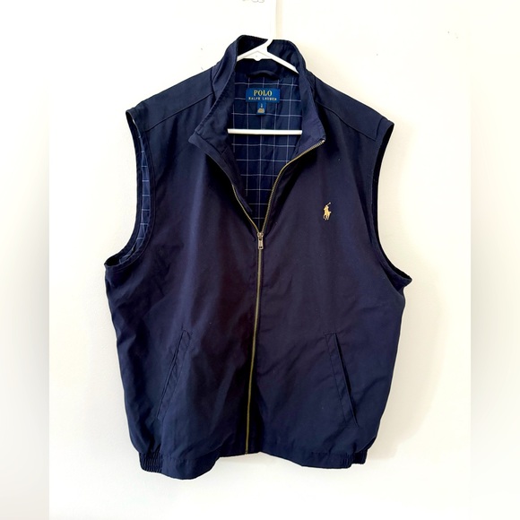 Polo Ralph Lauren Vest Mens Navy Blue Cotton Bomber Dad Vest Plaid Lined Size L - Picture 1 of 8